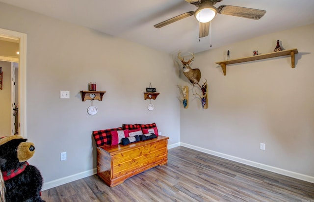 misc room featuring wood-type flooring and ceiling fan