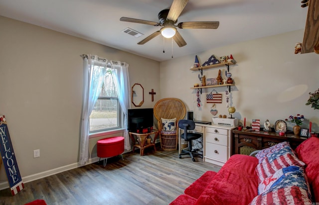 home office with ceiling fan and wood-type flooring