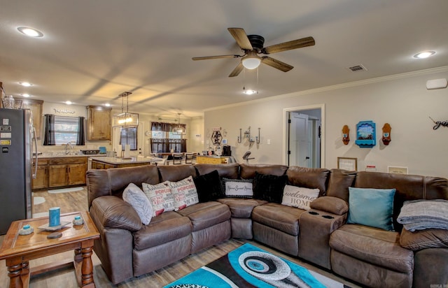 living room featuring ceiling fan, light hardwood / wood-style flooring, crown molding, and sink