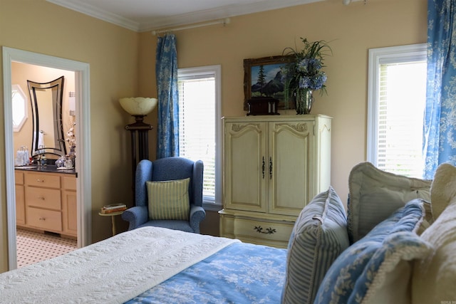 bedroom featuring ornamental molding and multiple windows