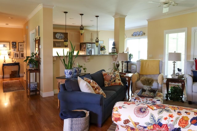 living room with ceiling fan, dark hardwood / wood-style flooring, ornate columns, and crown molding