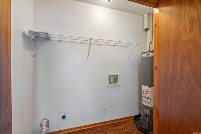 laundry room with electric dryer hookup, washer hookup, gas water heater, and wood-type flooring