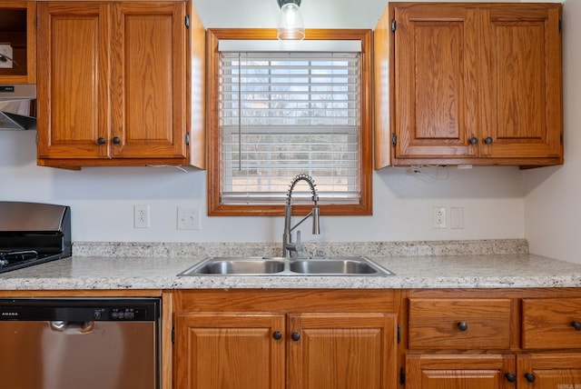 kitchen with stainless steel dishwasher, extractor fan, and sink