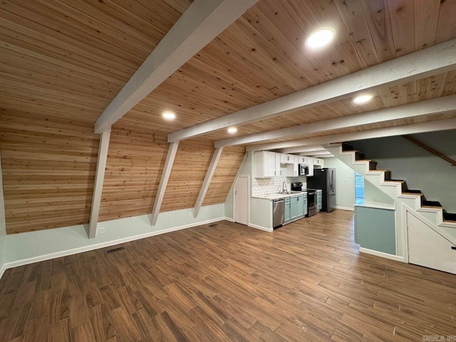 unfurnished living room with lofted ceiling with beams, sink, wooden ceiling, and light hardwood / wood-style floors