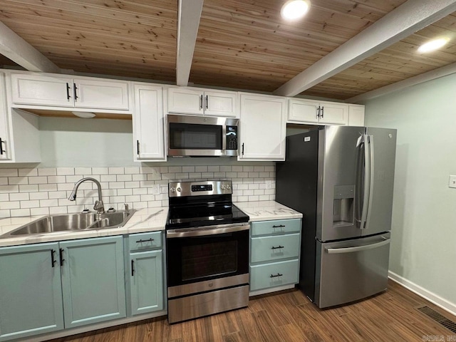 kitchen featuring stainless steel appliances, sink, wooden ceiling, beamed ceiling, and white cabinetry