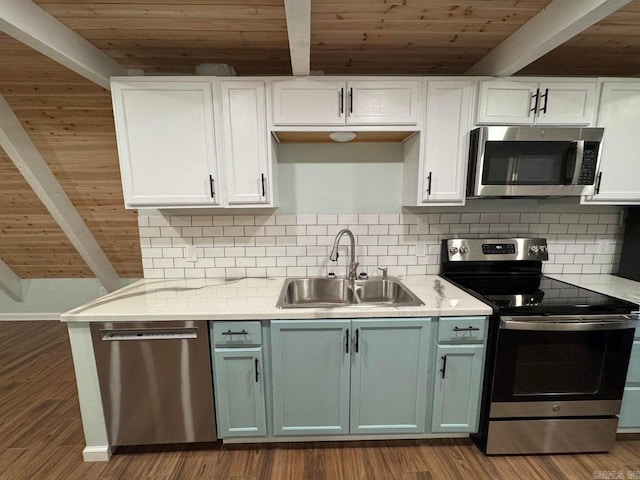 kitchen featuring decorative backsplash, wood ceiling, stainless steel appliances, sink, and white cabinetry