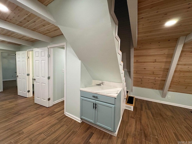 additional living space with vaulted ceiling with beams, wooden ceiling, and dark hardwood / wood-style floors