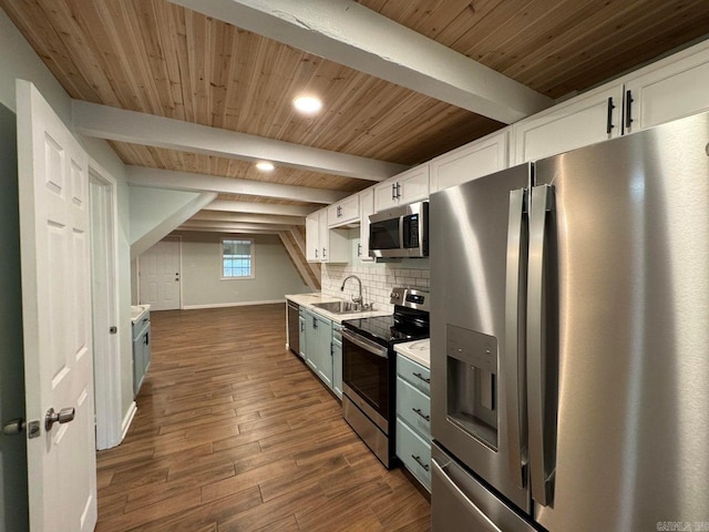 kitchen with decorative backsplash, appliances with stainless steel finishes, sink, beam ceiling, and white cabinetry