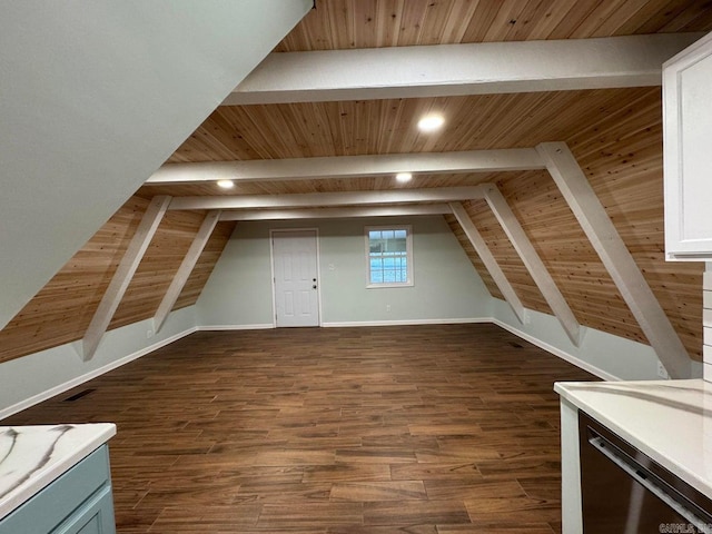 additional living space with lofted ceiling, dark wood-type flooring, and wooden ceiling