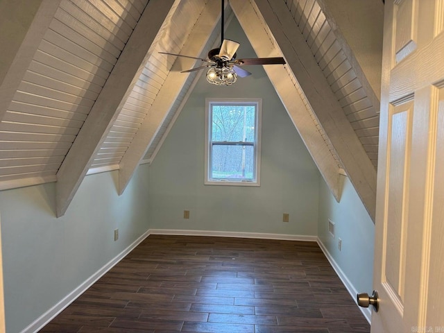 bonus room featuring dark hardwood / wood-style floors, ceiling fan, wooden ceiling, and lofted ceiling with beams