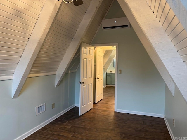 bonus room with vaulted ceiling with beams, dark hardwood / wood-style flooring, wood ceiling, and a wall unit AC