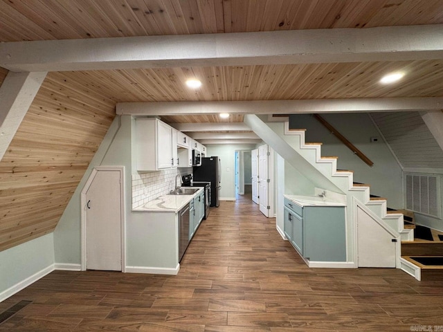 kitchen featuring white cabinets, dark hardwood / wood-style flooring, backsplash, and wooden ceiling