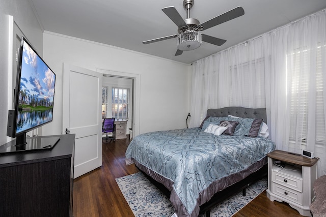 bedroom featuring dark hardwood / wood-style flooring, ceiling fan, and ornamental molding