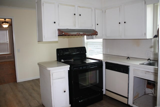 kitchen with dishwasher, dark hardwood / wood-style flooring, electric range, and white cabinetry