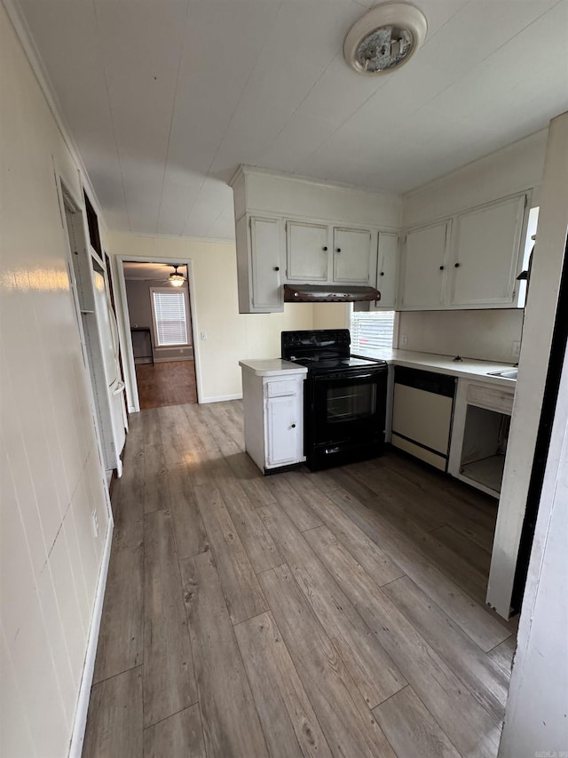 kitchen with light hardwood / wood-style flooring, black electric range oven, plenty of natural light, white dishwasher, and white cabinets