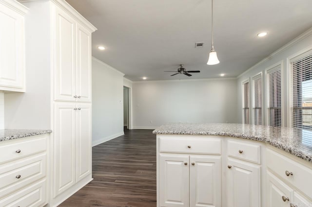 kitchen with ceiling fan, dark wood-type flooring, white cabinetry, and crown molding