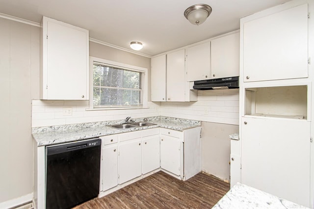 kitchen featuring dishwasher, white cabinets, dark wood-type flooring, and sink