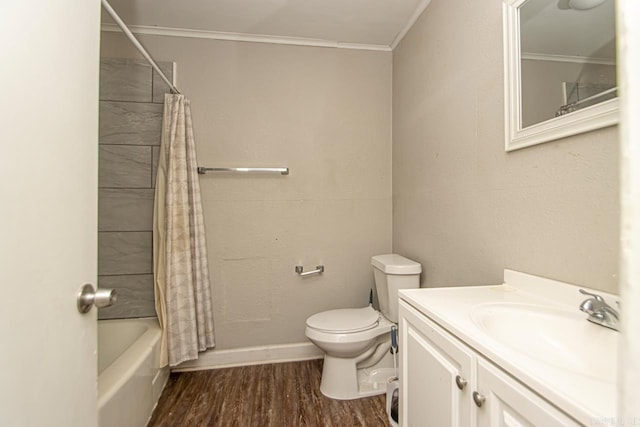 full bathroom featuring shower / bathtub combination with curtain, hardwood / wood-style floors, toilet, vanity, and ornamental molding