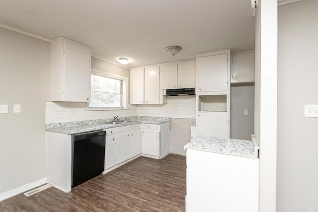 kitchen featuring dark hardwood / wood-style floors, sink, white cabinetry, and black dishwasher