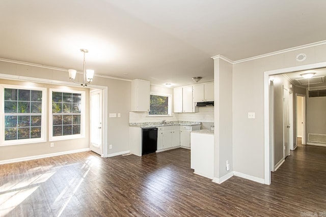 kitchen featuring dark hardwood / wood-style flooring, tasteful backsplash, dishwasher, white cabinetry, and hanging light fixtures