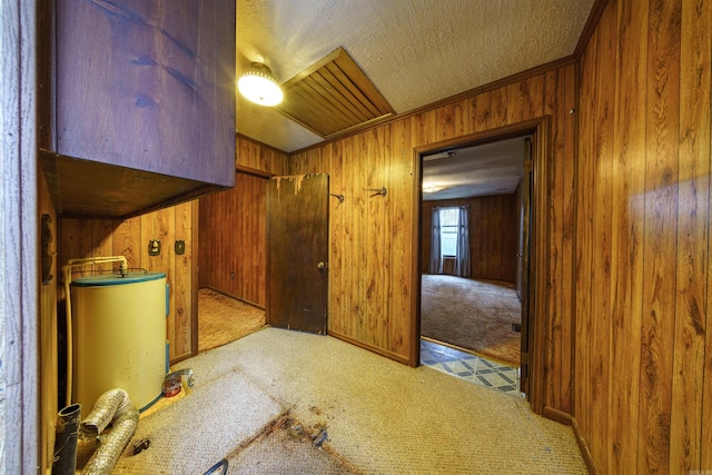 interior space with light colored carpet, wood walls, and water heater