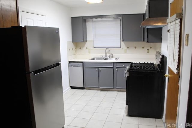 kitchen with wall chimney range hood, sink, gray cabinets, appliances with stainless steel finishes, and tasteful backsplash