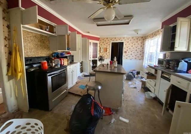 kitchen featuring ceiling fan, a center island, white dishwasher, stainless steel electric range, and ornamental molding