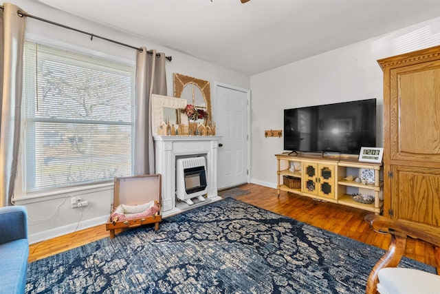 living room with wood-type flooring, heating unit, and a healthy amount of sunlight