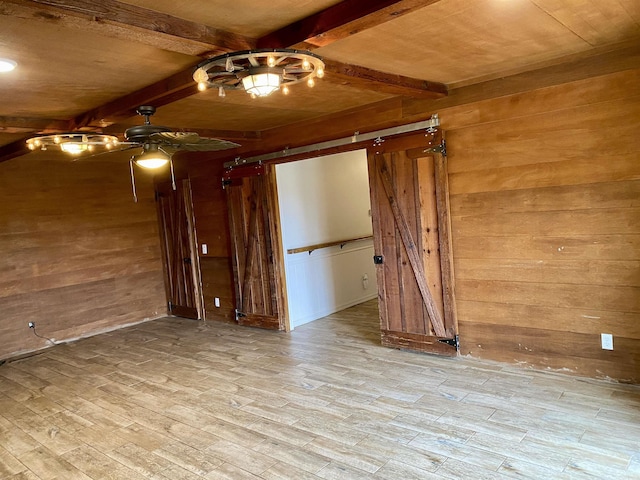 unfurnished room with beamed ceiling, wood walls, light hardwood / wood-style floors, and wooden ceiling