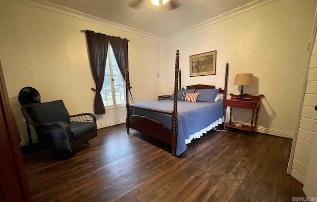 bedroom featuring ceiling fan, dark hardwood / wood-style flooring, and ornamental molding