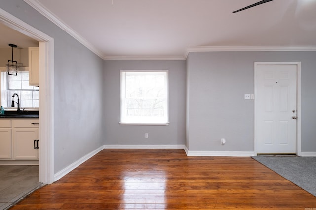 interior space with crown molding, dark hardwood / wood-style flooring, sink, and a wealth of natural light