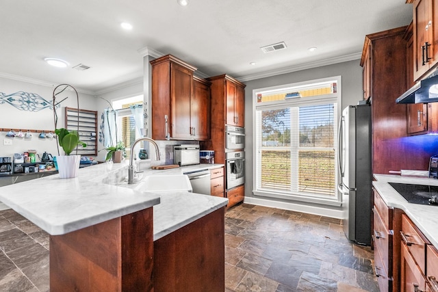 kitchen featuring a healthy amount of sunlight, sink, ornamental molding, and stainless steel appliances