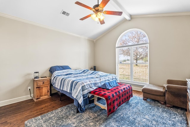 bedroom with ceiling fan, lofted ceiling with beams, ornamental molding, and dark wood-type flooring