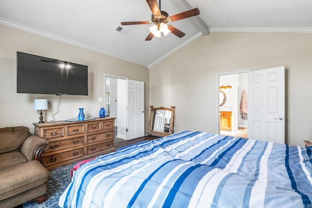 bedroom with ensuite bathroom, ceiling fan, and lofted ceiling with beams