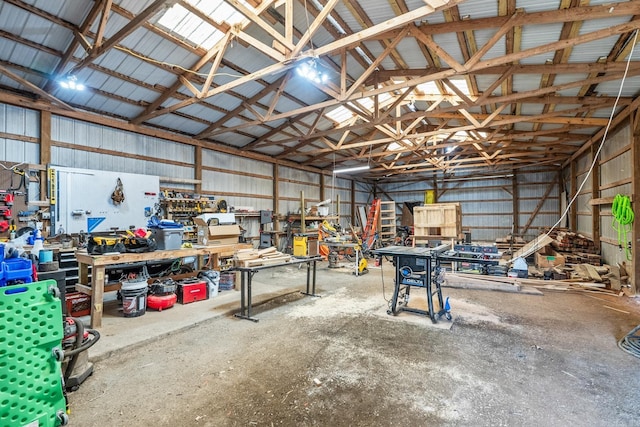 garage with a workshop area