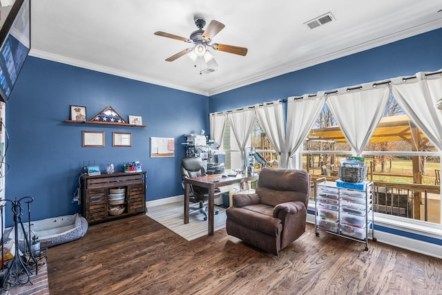 office area with hardwood / wood-style flooring, ceiling fan, and ornamental molding