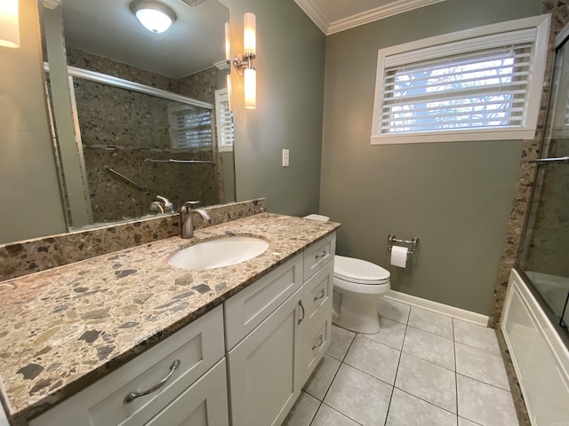 full bathroom featuring tile patterned flooring, combined bath / shower with glass door, toilet, vanity, and ornamental molding