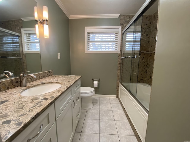 full bathroom with crown molding, tile patterned flooring, vanity, and a healthy amount of sunlight