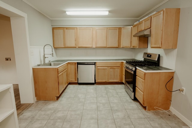 kitchen featuring sink, light brown cabinets, crown molding, light tile patterned flooring, and appliances with stainless steel finishes