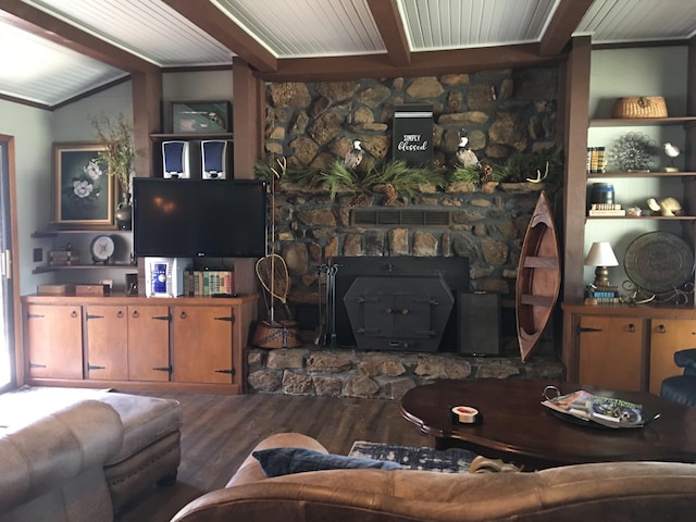 living room featuring vaulted ceiling with beams and wood-type flooring