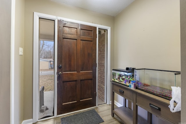 foyer entrance with a textured ceiling and light wood-type flooring