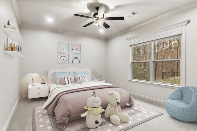 bedroom featuring carpet, ceiling fan, and ornamental molding