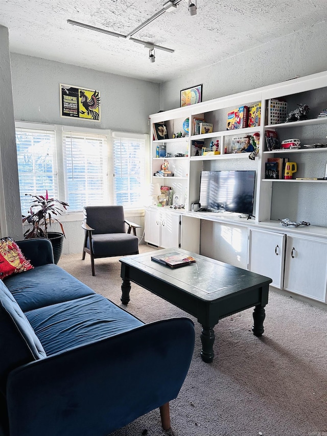 carpeted living room featuring a textured ceiling