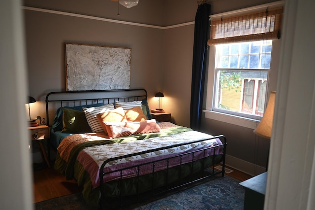 bedroom with dark hardwood / wood-style floors