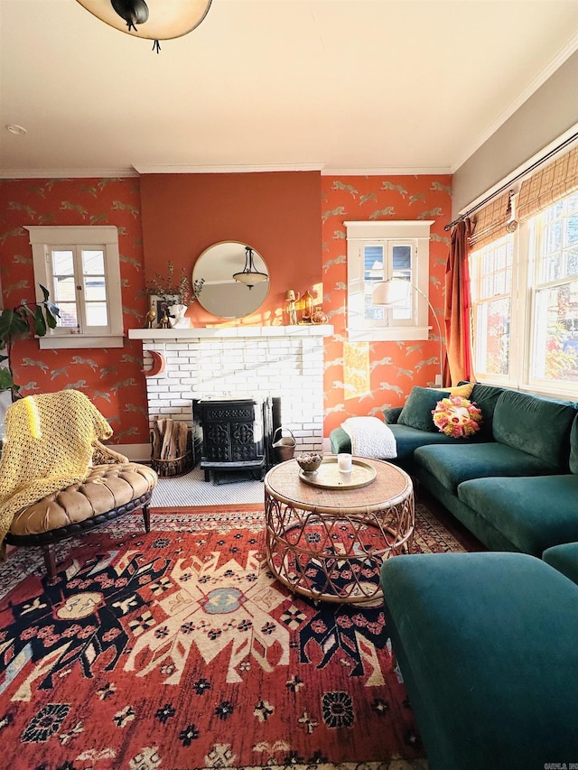 living room featuring a wood stove and crown molding