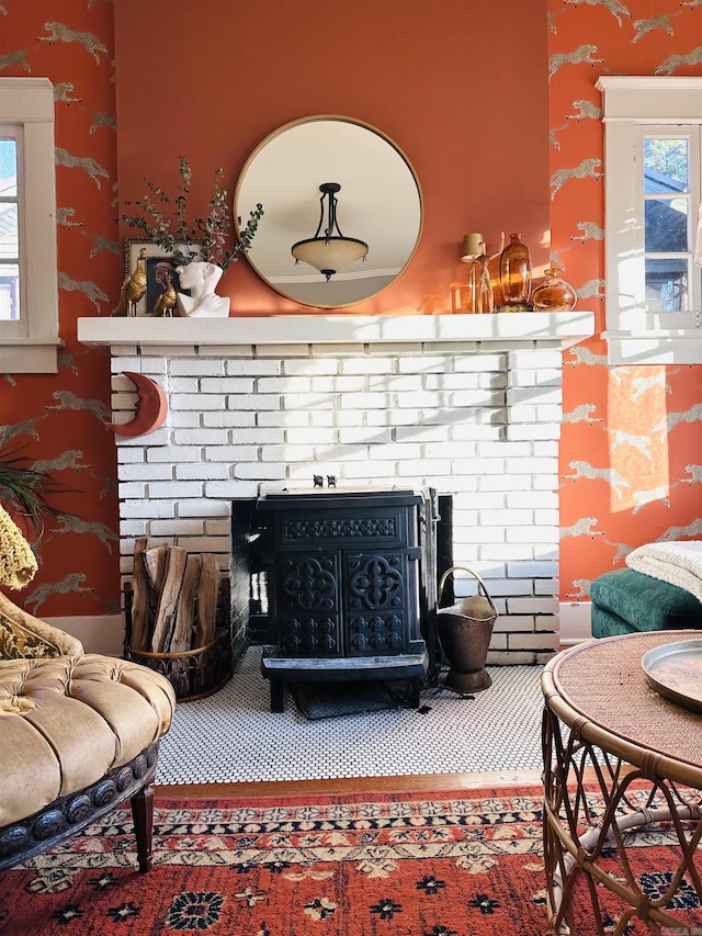 interior space featuring a wood stove