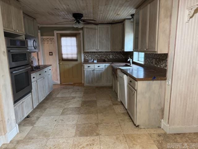 kitchen featuring white dishwasher, ceiling fan, decorative backsplash, double oven, and wood ceiling