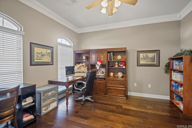 office space with ceiling fan, crown molding, and dark wood-type flooring