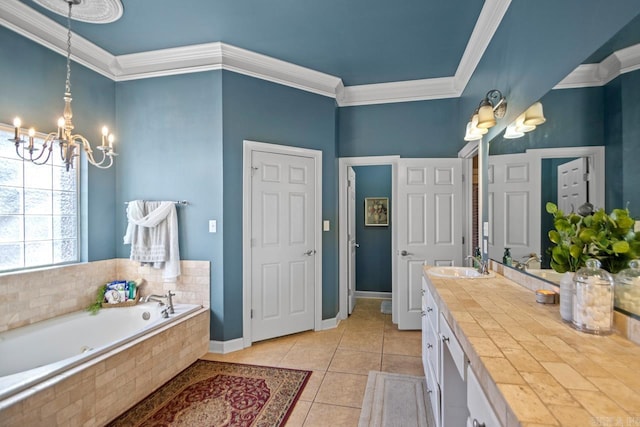 bathroom with tile patterned floors, vanity, a relaxing tiled tub, and ornamental molding