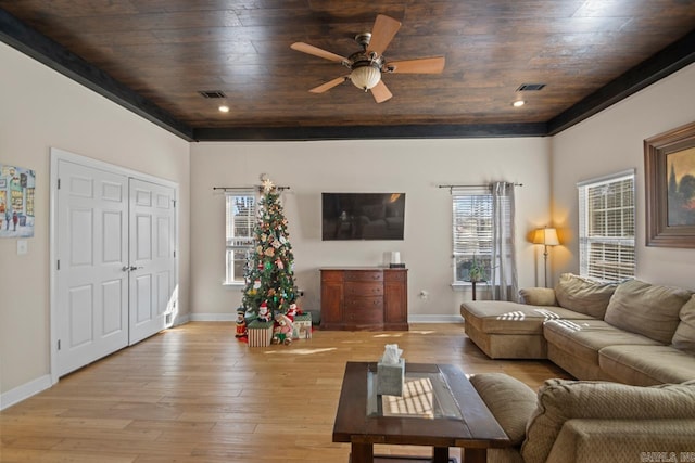 living room featuring light hardwood / wood-style flooring, ceiling fan, and wood ceiling